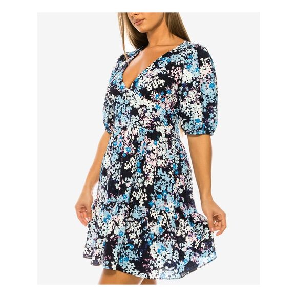 B DARLIN Womens Navy Pouf Sleeve V Neck Above The Knee Party A-Line Dress 13\14 - Picture 3 of 4